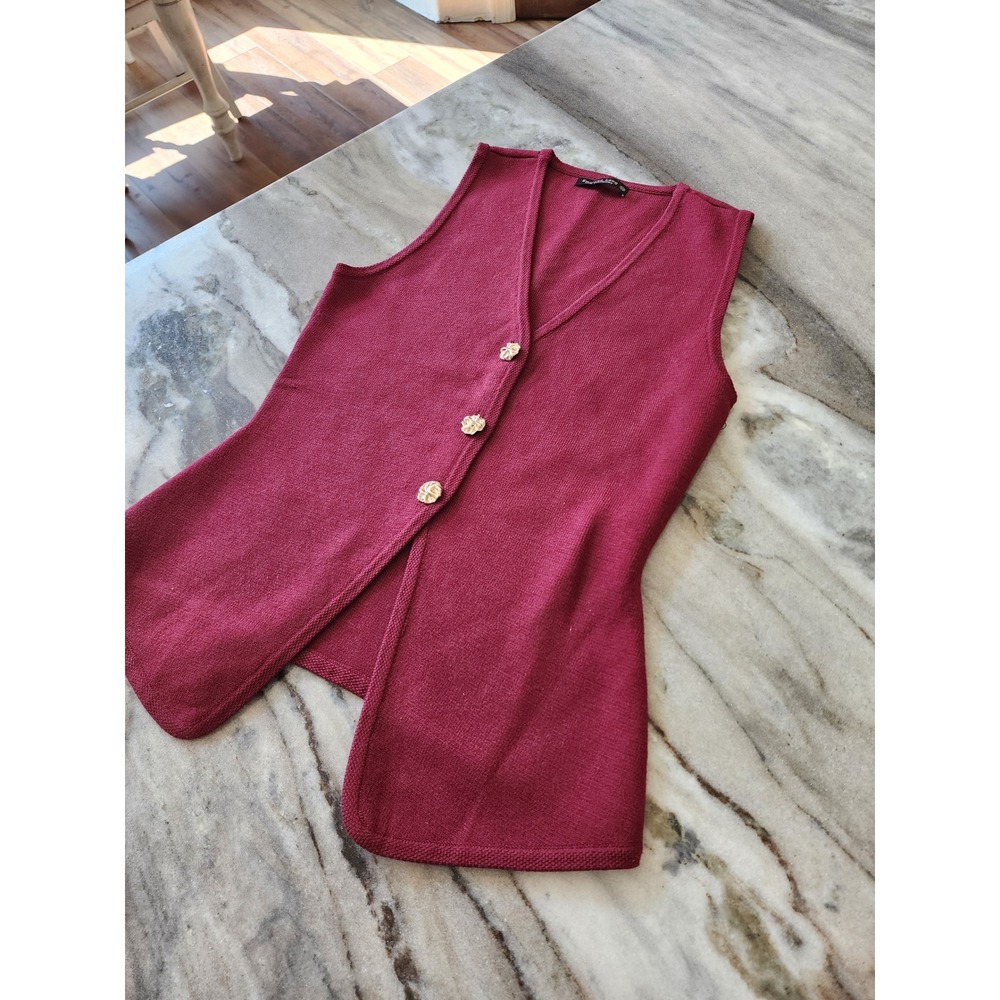 NWT Burgundy Knit Vest Gold Button V-Neck Asymmetric Hem Longer LengthXS